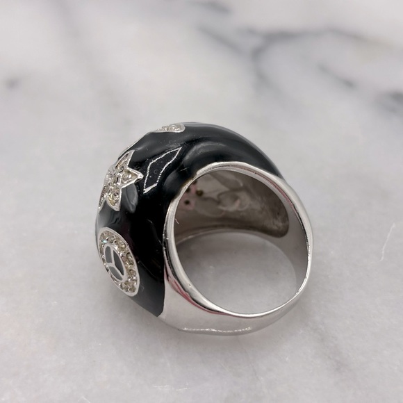 Chunky Black Enamel & Silver Tone Crystal Ring with Design - Picture 9 of 12